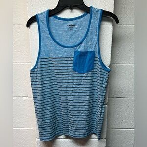 Men’s carbon blue striped pocket tank.